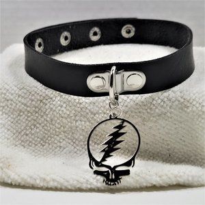 Vegan Leather Black Choker w/ Grateful Dead Silver Plated Steal You Face Charm